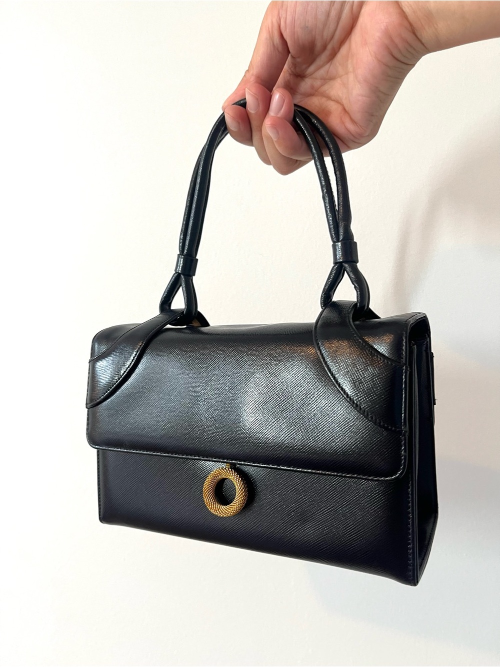 Vintage Bienen Davis Classic Black Structured  Leather Bag with Gold Accents